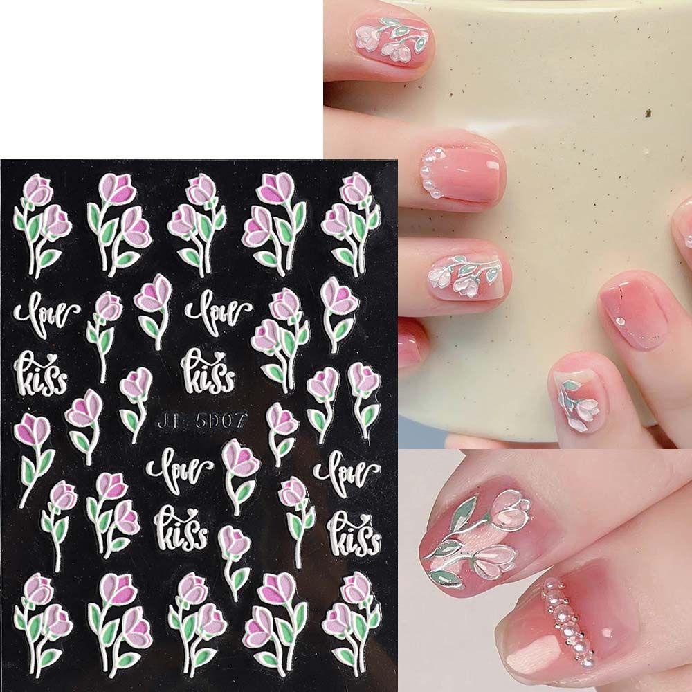 AUGUSTINA Agustina Bunga Stiker Kuku 5D Relief Alfabet Inggris Daun Self Adhesive Nail Art Dekorasi