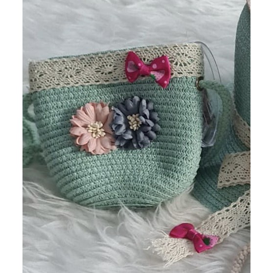 Straw hat - topi anak perempuan - hijau tosca Limited