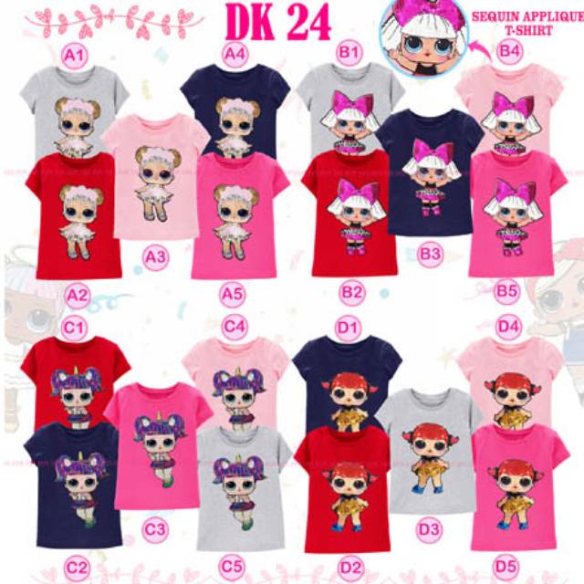 Baju kaos anak cewek perempuan LOL sequin non flip size 8-13th teens fashion import t-shirt pink red