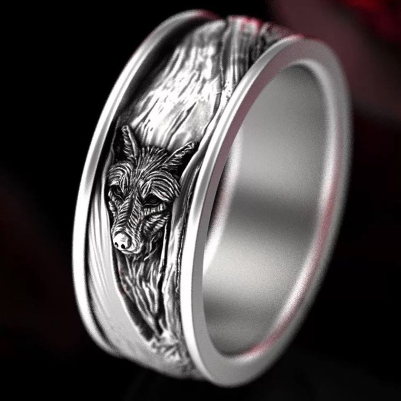 Cincin Desain Kepala Serigala Gaya Vintage Gothic Hip-Hop Punk Untuk Pria Dan Wanita
