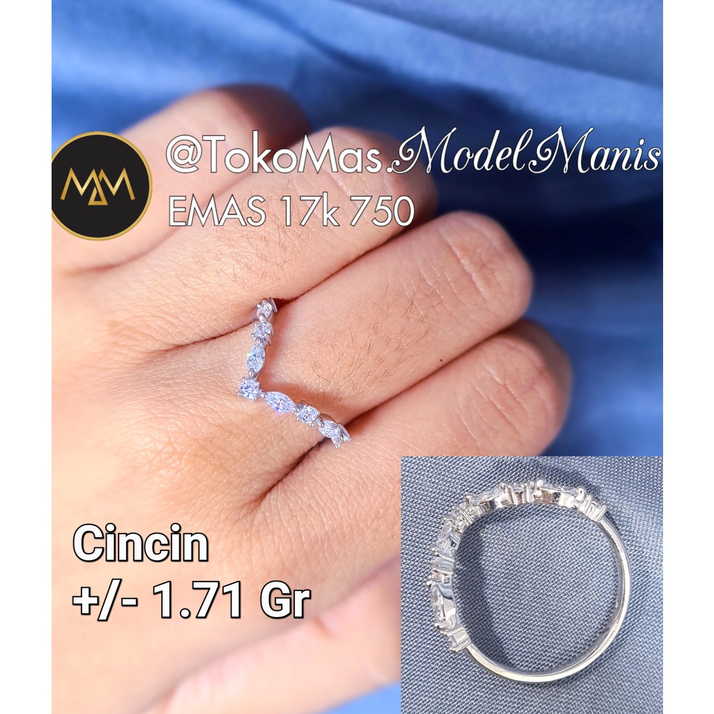 Cincin Aurel Baguette Oval emas putih 750 kadar 17k