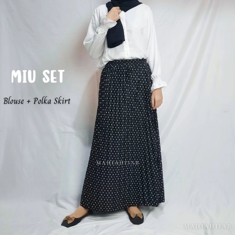 1 Set Miu Blouse Putih + Rok Polka/ setelan lengkap / paket hemat / by Mahiahijab korean style