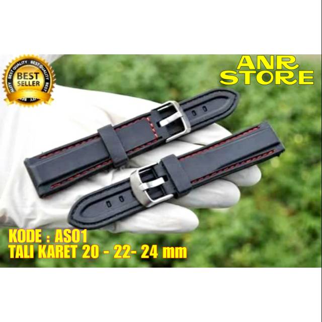 Tali Karet Jam Tangan Hitam List Merah 20mm 22mm 24mm