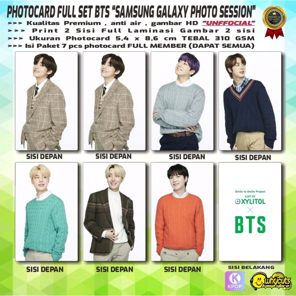 PHOTOCARD FULL SET PREMIUM BTS / SAMSUNG GALAXY PHOTO SESSION  / LOTTE XLITOL / PRINT 2 SISI FULL LAMINASI GLOSSY