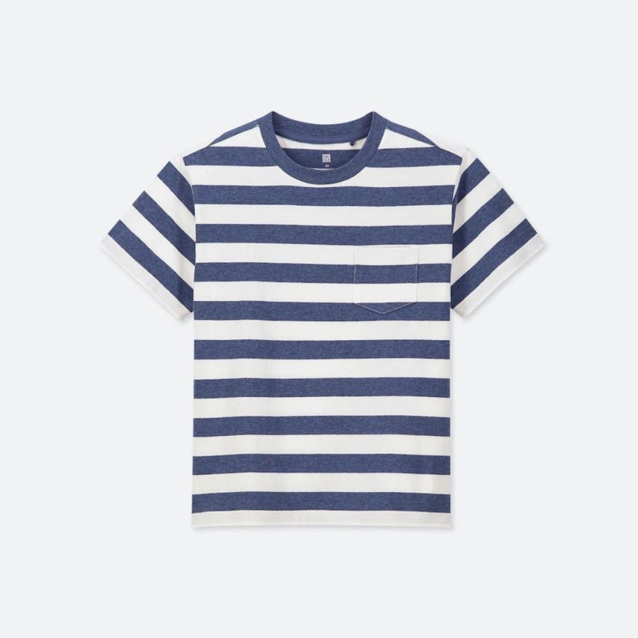 Kaos Anak Laki Laki Perempuan Uniqlo Basic Stripe Pocket Blue 7-14y