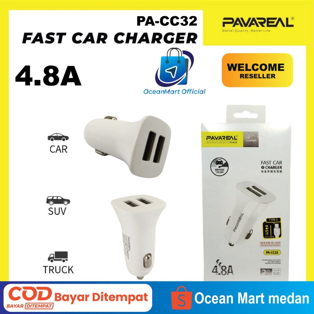 Pavareal Car Charger Mobil PA CC32 USB Lightning Type C Micro 4.8A Kabel Super Fast Charging 2 Port Aksesoris Handphone HP OCEANMART OCEAN MART Murah Grosir