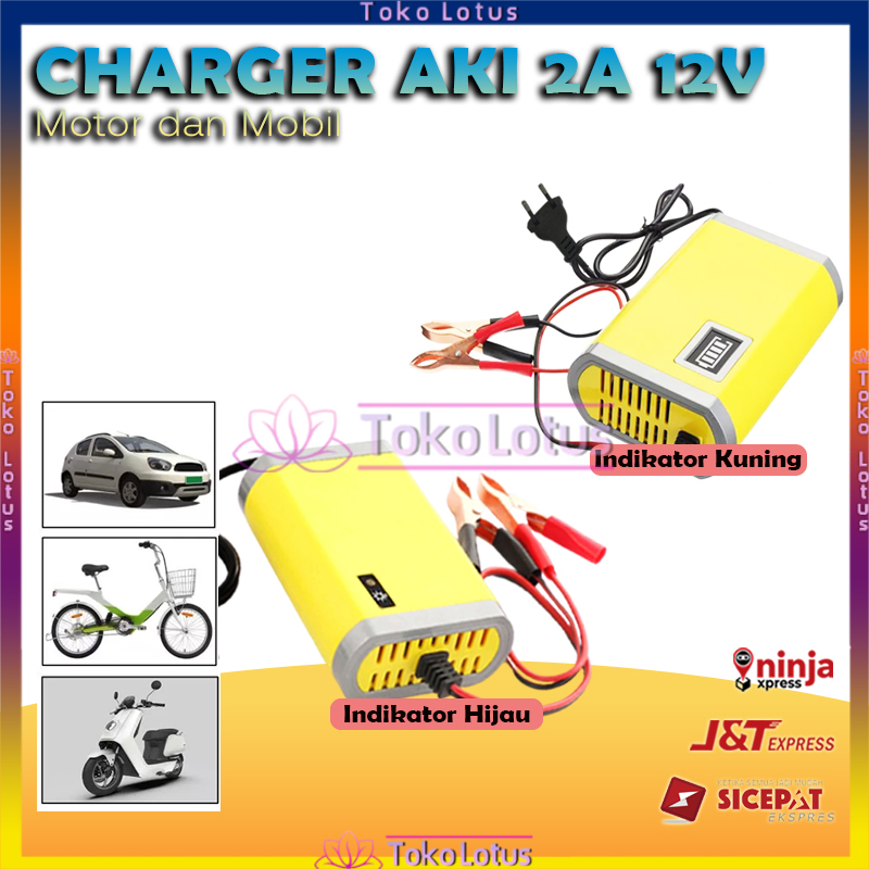 [BISA COD] mobil / sepeda motor Battery Charger LED Maintainer Trickle 12V 2A Varian Hijau / Kuning