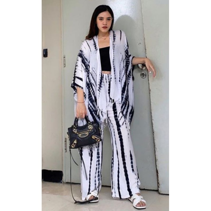 SET OUTER CARDIGAN TIE DYE KARDIGAN TIE DIE TIEDYE-Putih garis hitam