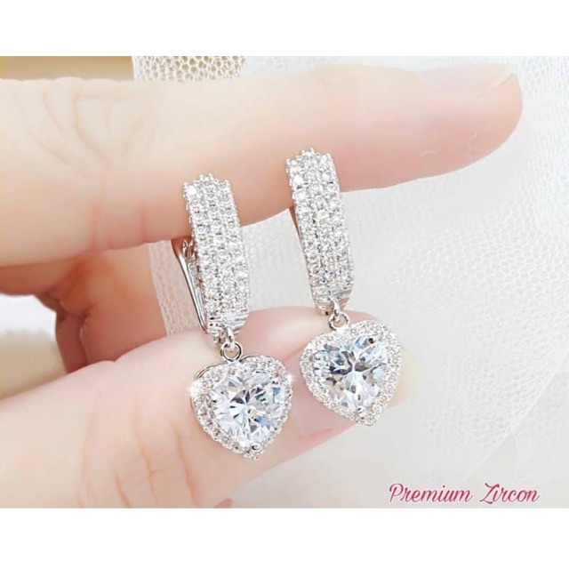 Anting Putih gantung Love Diamond Premium / Giwang wanita lapis emas
