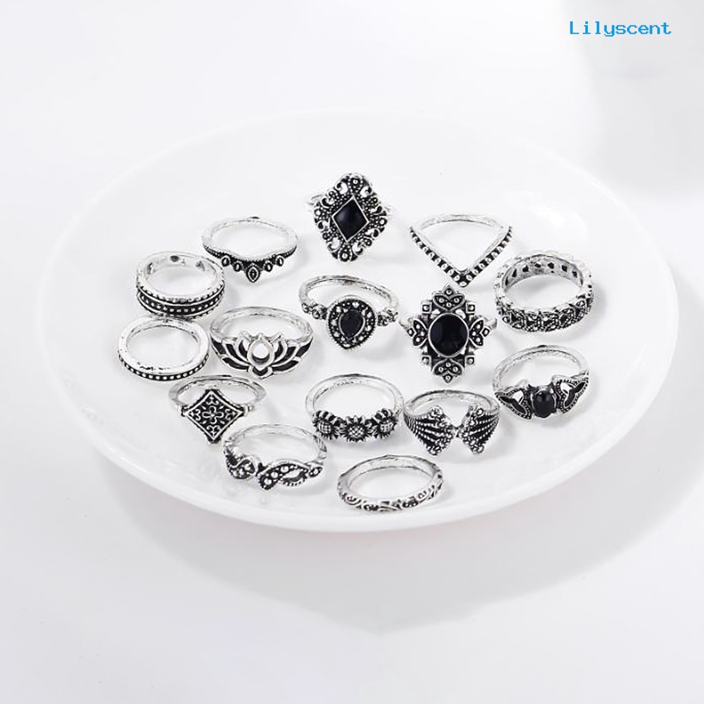 15pcs / Set Cincin Jari Tumpuk Bentuk Bunga Matahari Teratai Geometris Aksen Batu Permata Tiruan Untuk Wanita