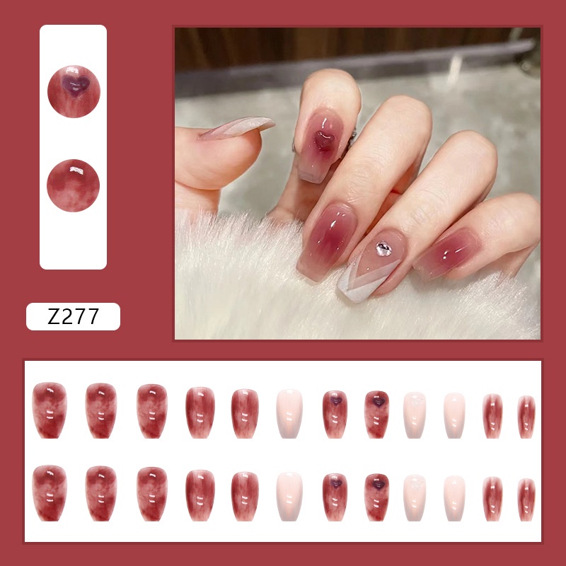 24pcs / Kotak Kuku Palsu Warna Merah Aksen Berlian Imitasi Untuk Dekorasi Nail Art