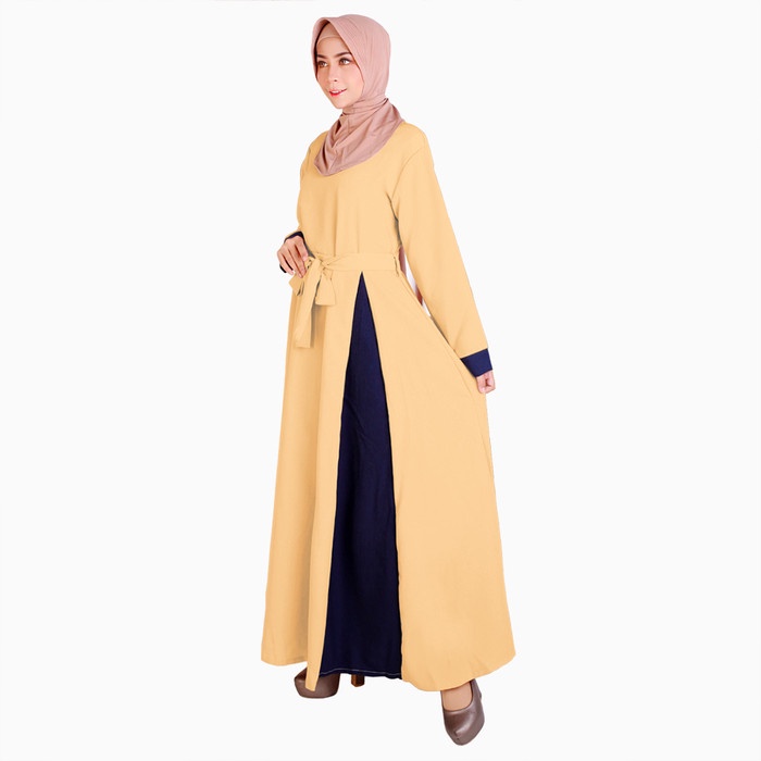 Baju Muslim Long Dress Gamis maxi Wanita Muslim kombinasi warna - Jfashion Ayesha - Krem Berkualitas