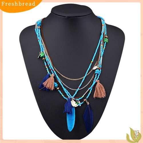 [TERLARIS]Women's Boho Ethnic Style Feathers Tassels Beads Multi-layer Chain Necklace