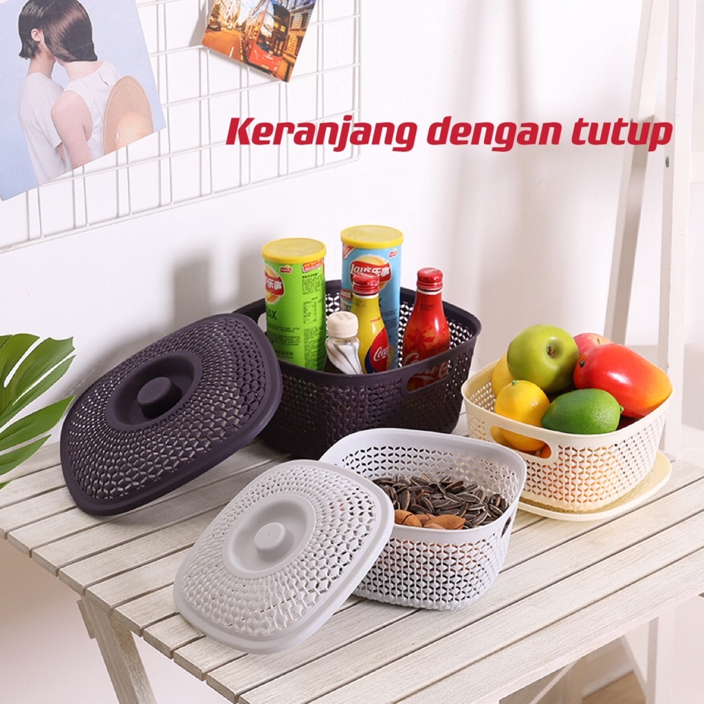 Keranjang kotak dengan tutup / Keranjang Serbaguna / Keranjang Buah Saringan Sayur