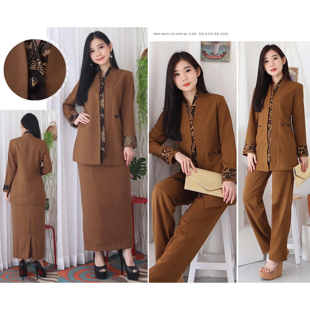 Blazer Seragam Wanita Lengan Panjang Kerah Mandarin Shanghai Variasi Batik 2 kantong bawah Set ROK S