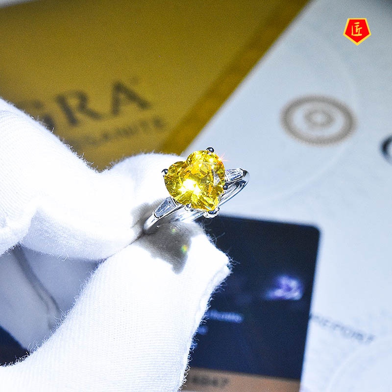 [Ready Stock]Inlaid Heart-Shaped Yellow Diamond Ring Classic Personality