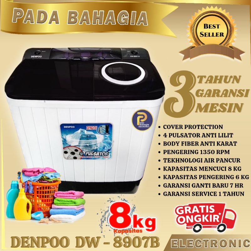 MESIN CUCI TERLARIS 2 TABUNG 8 KG DENPOO DW 8907B 4P HITAM