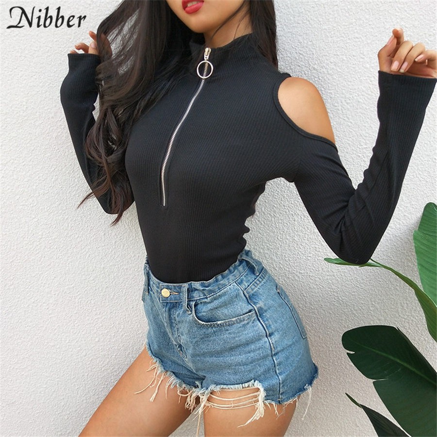 INDORETAIL | Nibber Musim Gugur Wanita Hitam Kerah Setengah Terbuka Lengan Panjang Baju Baru Seksi