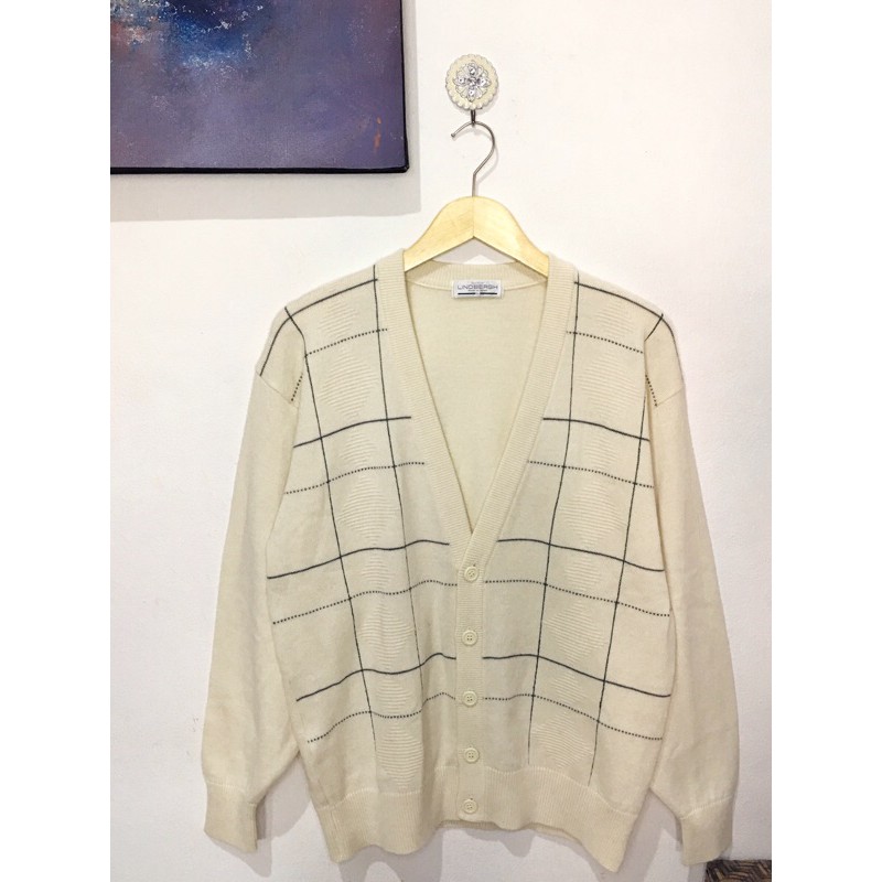 Cardigan rajut motif pattern corak kotak square korea academia putih tulang broken white cream