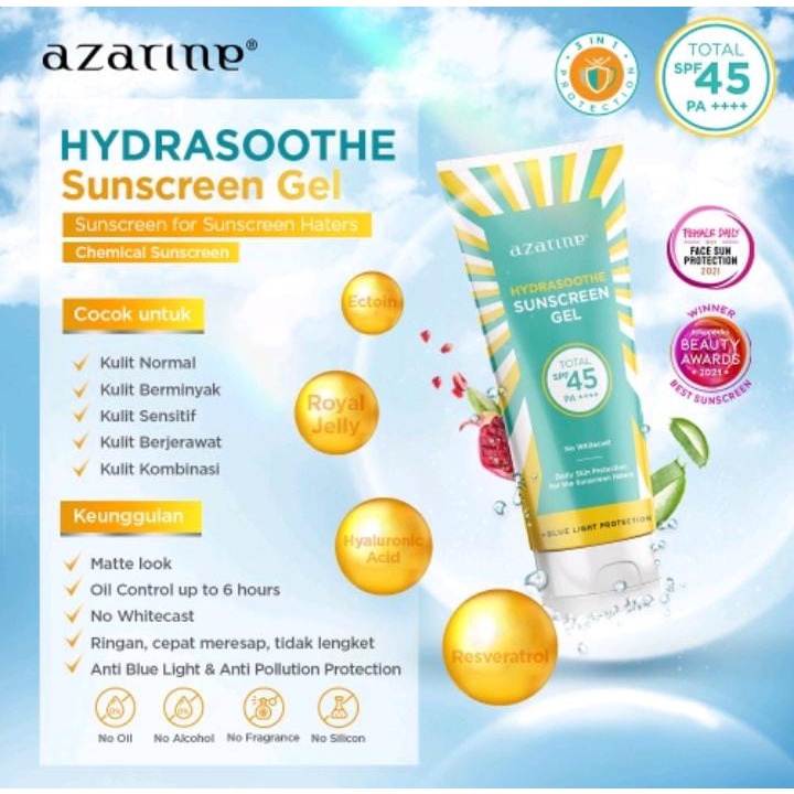 (FREE GIFT) READY STOK AZARINE HYDRASHOOTHE SUNSCREEN GEL SPF45+++ SUNBLOCK WAJAH