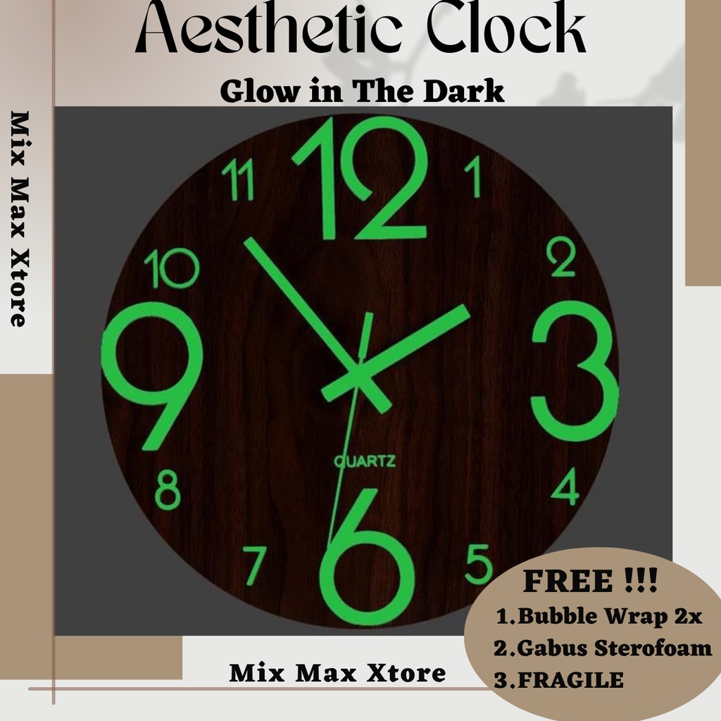 Jam Dinding Bulat Model Glow in The Dark 30CM - Wooden / Jam Dinding Aesthetic / Jam Dinding Besar