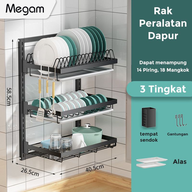 Megam Rak Piring Susun Rak Dapur Dinding Serbaguna Tempat Sendok Gelas Stainless Steel HRM112