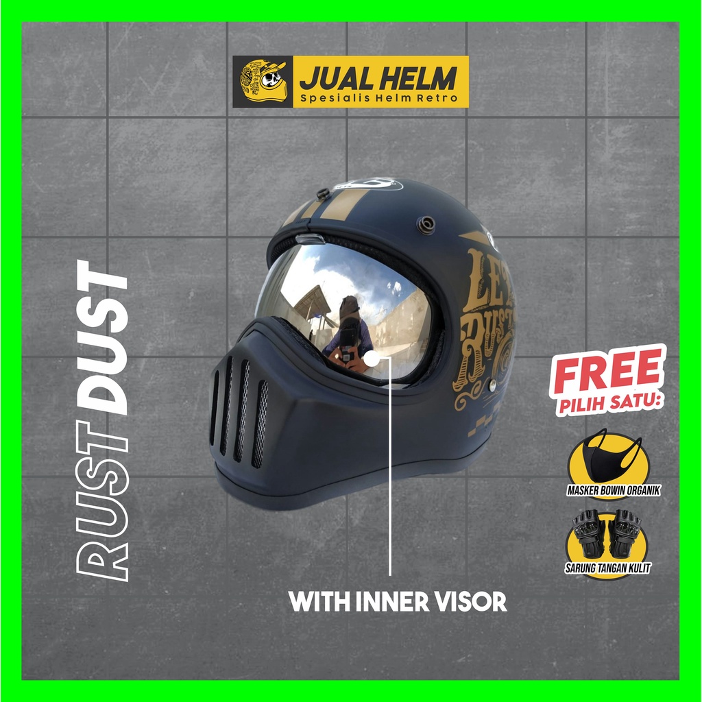 Helm Cakil HBC Rust Dust Black Font Gold + Inner Visor ( Fullface / Retro / Klasik / Vespa )