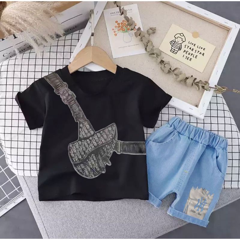 Setelan kaos celana jeans anak laki laki perempuan 1-5 tahun motif waist bag dior