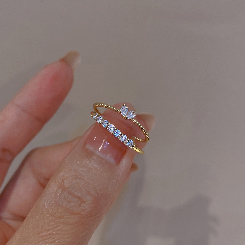 Roselife Cincin Model Terbuka Lapis Emas 14K Desain Hati Hias Kristal Zircon Gaya Korea Untuk Wanita