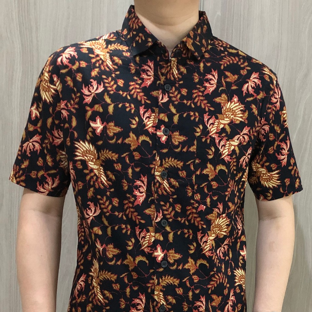 [GRIDLINE - S065 Red Brown &amp; Light Brown] Kemeja Batik Slimfit Pria Katun Lengan Pendek M-XXL