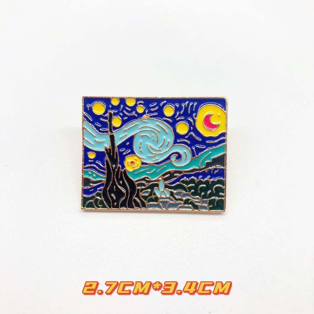 Mxbeauty Langit Berbintang Bros Sunset Gunung Desa Hadiah Untuk Wanita Pria Perhiasan Aksesoris Lukisan Minyak Van Gogh Van Gogh's Masterpiece Lukisan Lencana Pin Enamel Hewan Pin