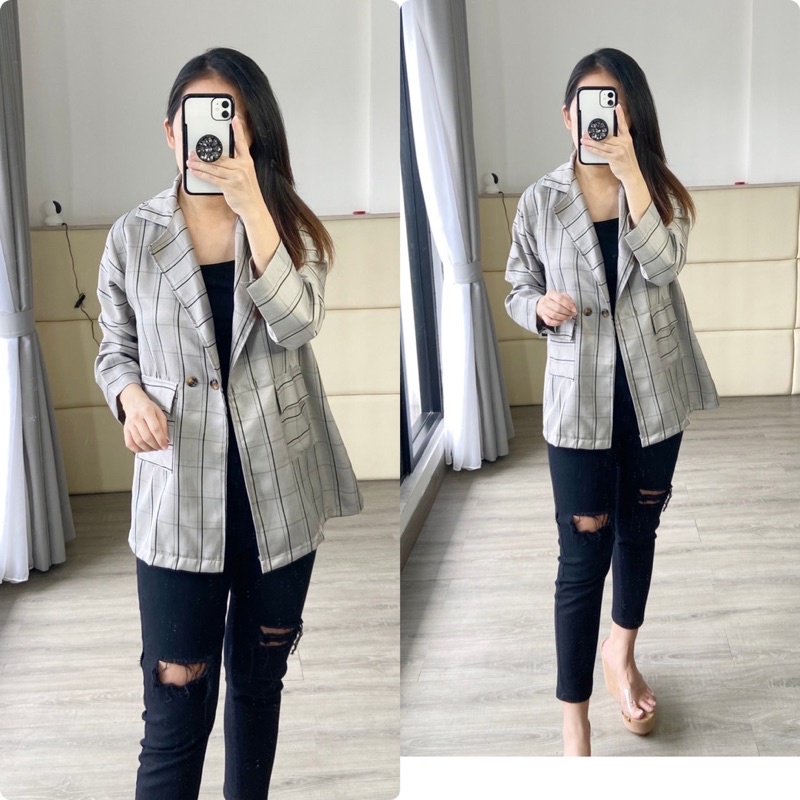 real pic blazer wanita lengan panjang / blazer plaid / blazer formal / blazer kerja / blazer hangout