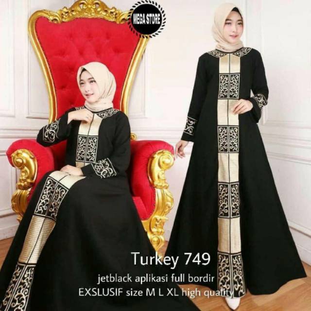 Gamis  Abaya Turky  Bordir Bahan Kain Saudi Jetblack