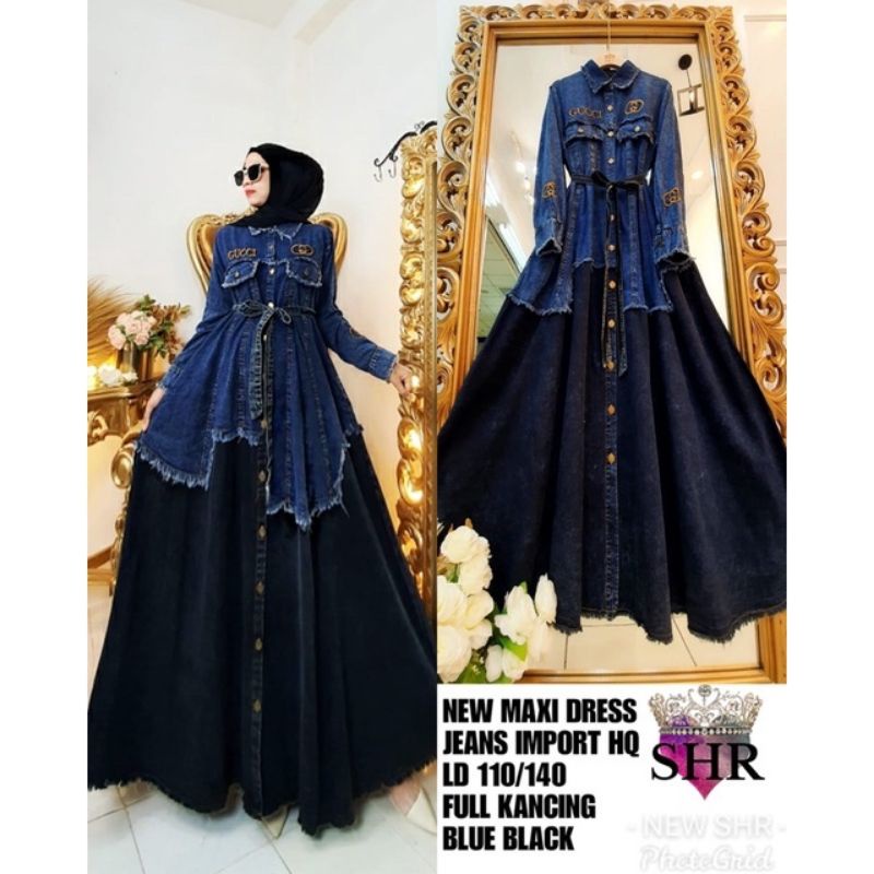 New Maxi Dress Jeans HQ Import Full Kancing ORI SHR  - Gamis Jeans Blue Black ORIGINAL SHR