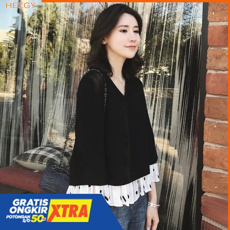 Blouse Lengan Panjang V-Neck Motif Rumbai Polkadot Warna Hitam Gaya Wanita Korea