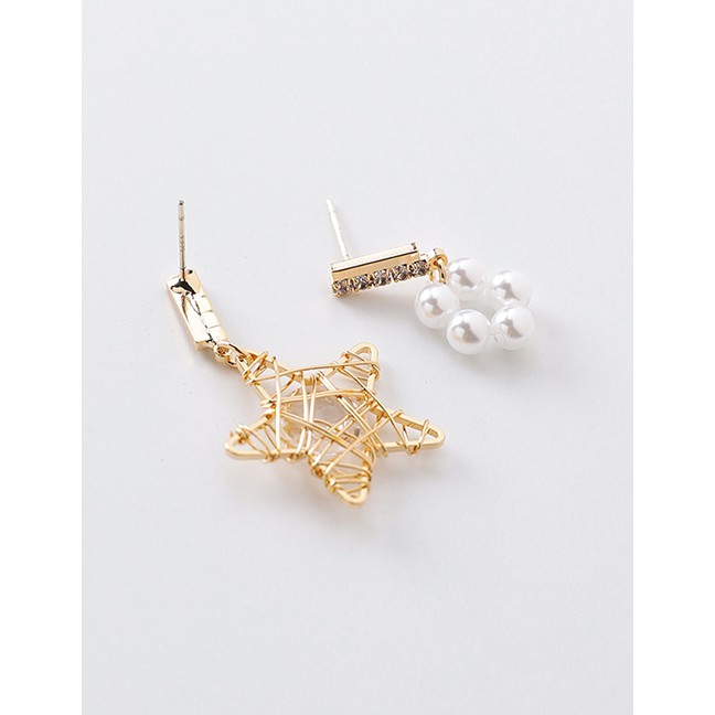 LRC Anting Tusuk Fashion Star 925 Silver Needle Hollow Woven Love Five-pointed Star Rhinestone Pearl