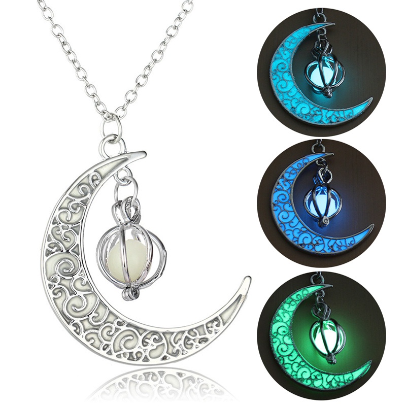 Glow In The Dark Luminous Fashion Necklace Moon&amp;Pumpkin Pendant Silver Plated