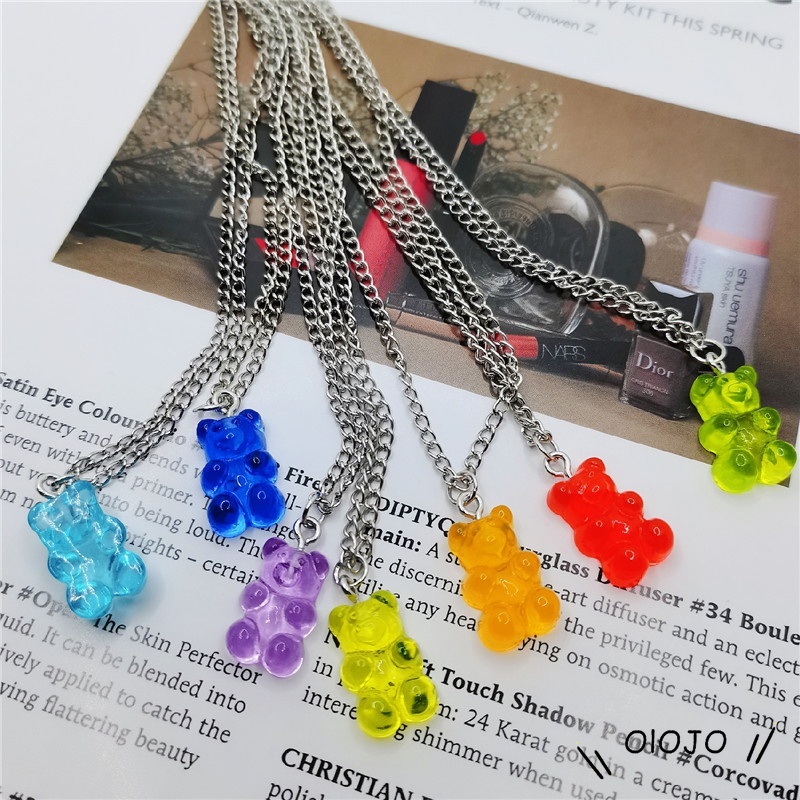 Transparan Beruang Bulat Rantai Kalung Liontin Resin Kartun Warna Cerah Fashion Jewelry - Ol