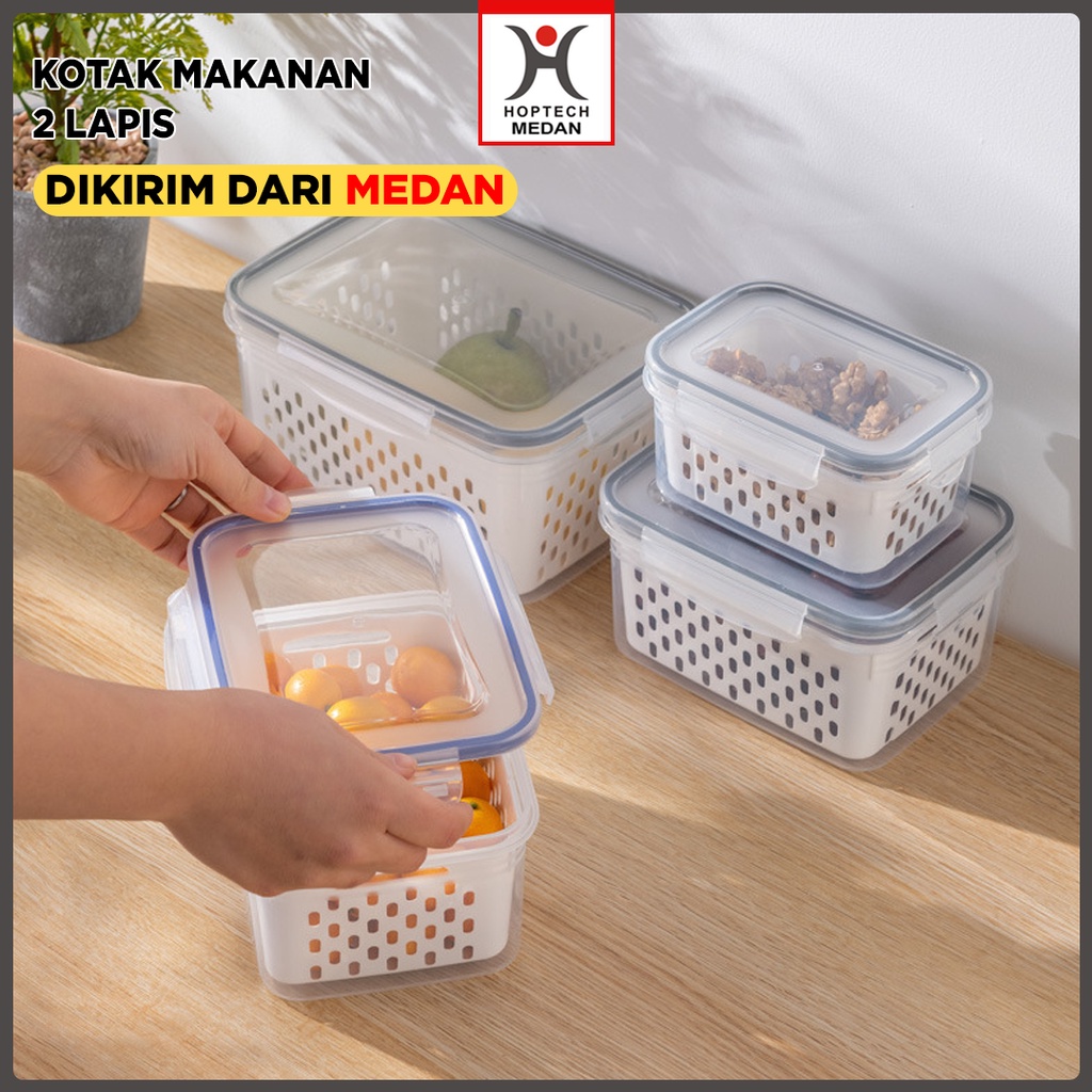 KOTAK MAKANAN KERANJANG PENGERINGAN 2 LAPIS MULTIFUNGSI PERSEGI KOTAK FOOD STORAGE DAPUR KOTAK PENYIMPANAN DENGAN TUTUP