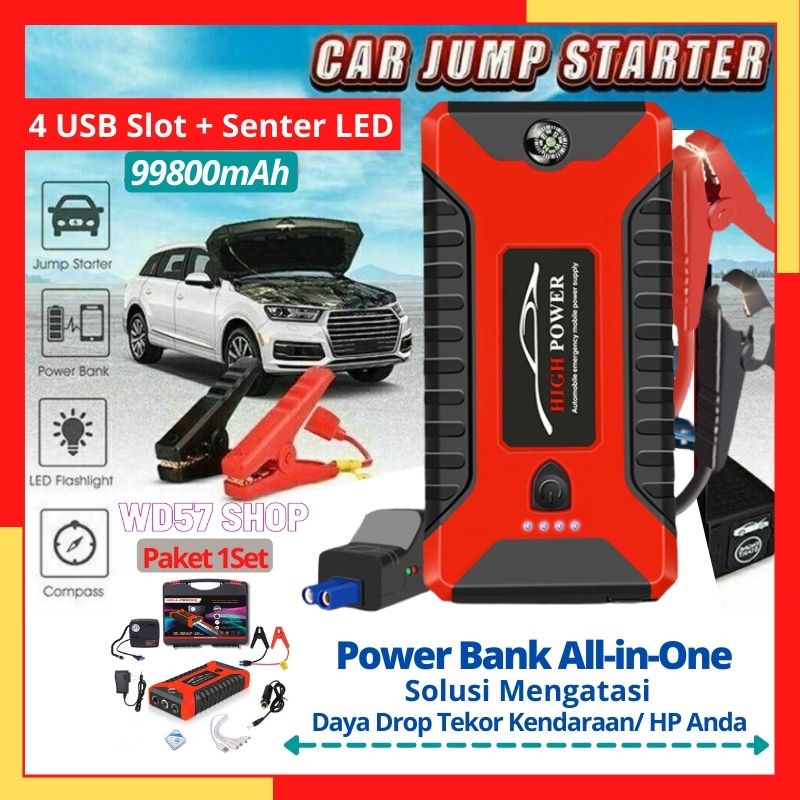 Powerbank Jump Starter Car Charger Aki Mobil Motor Hp Senter LED USB Mini Fast Charging Otomatis Por