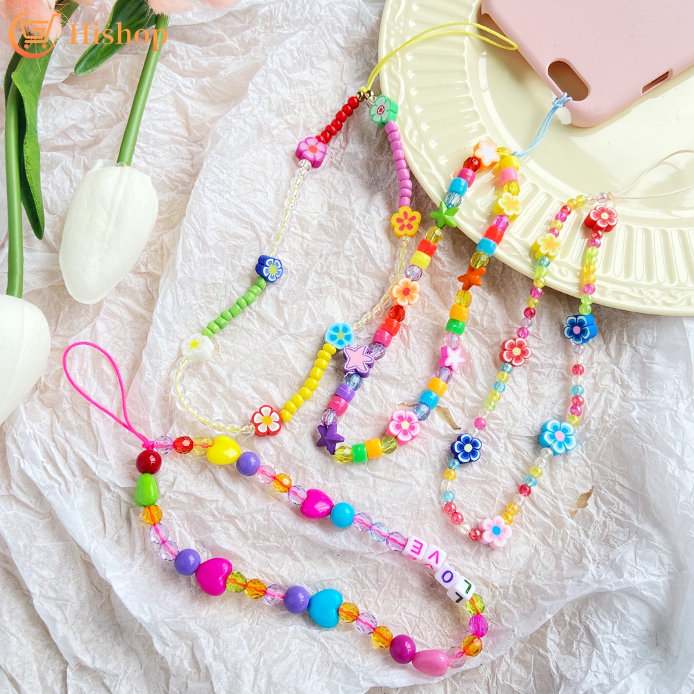 Korean Colorful Bead Mobile Phone Chain Cute Flower Letter Mobile Accessories