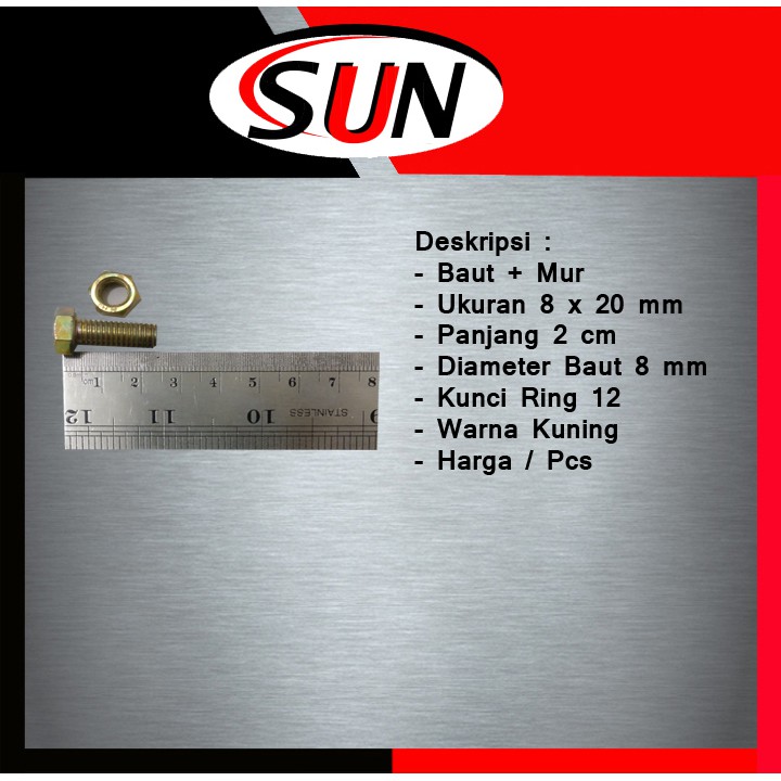 Baut Mur Kuning 8 X 20 Mm ( 2 Cm ) Kunci Mur 12 Mm