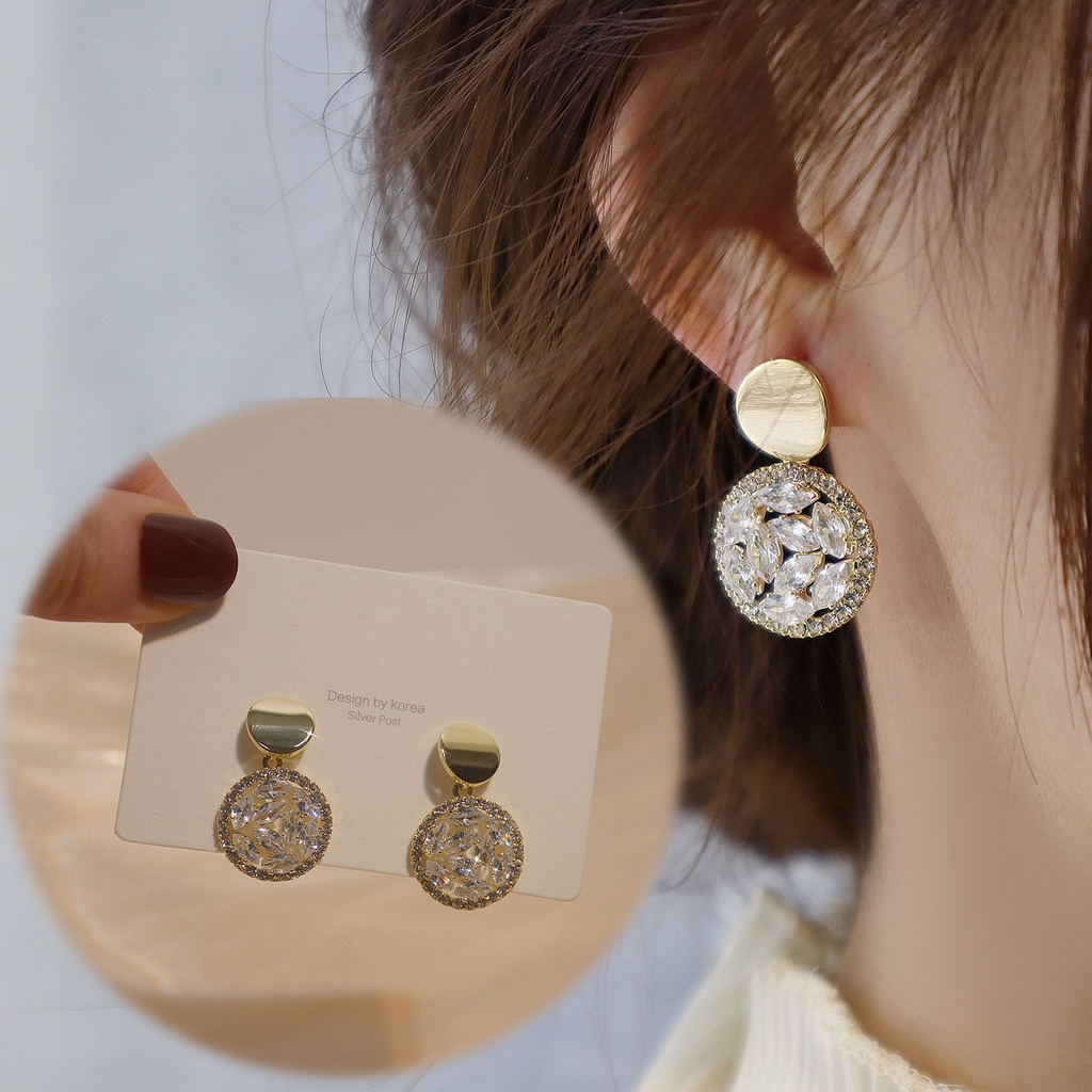 Anting Tusuk Gantung Temperament Desain Geometri Hias Zircon + Berlian Gaya Trendy / Simple / Mewah Untuk Wanita