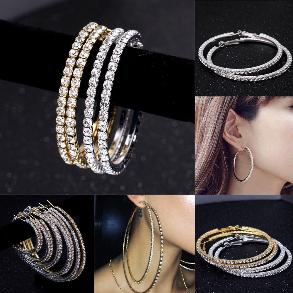 Wonder Kristal Anting Hoop Shiny Perak Emas Bulat Lingkaran Menjuntai Perhiasan