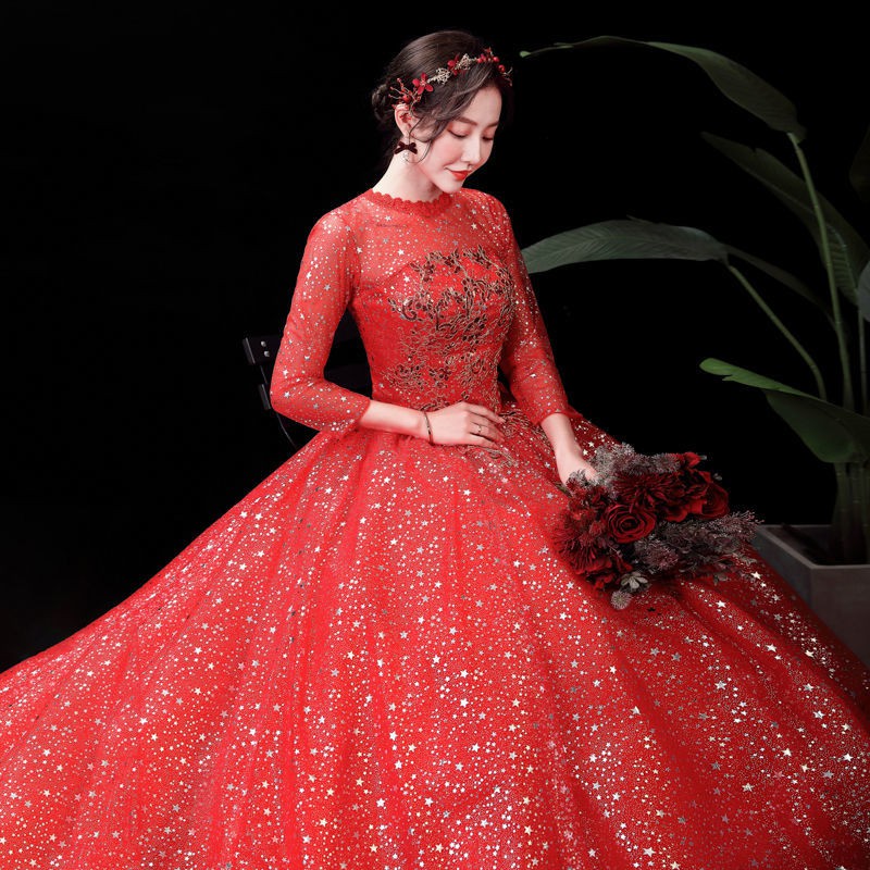 157 Women Fashion Red 3/4 Sleeve Long Tail Lace Wedding Dress