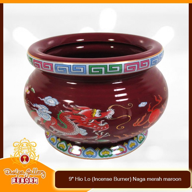 Tempat dupa Keramik 9&quot; Hio Lo (Incense Burner) Naga merah maroon