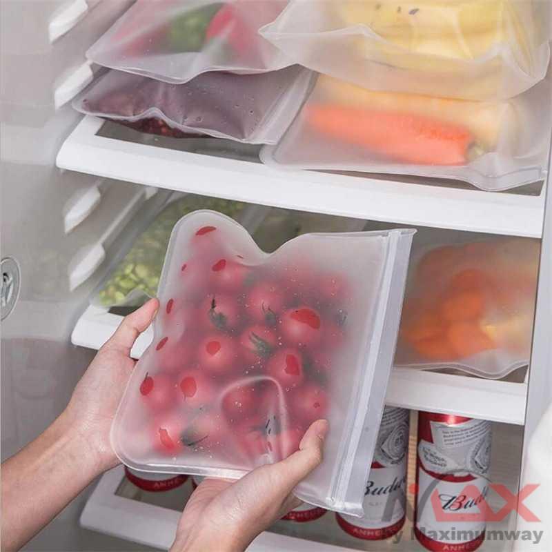 Kantong organizer makanan kulkas BPA free bisa di cuci pakai berulang kali Kantong Plastik tempat Makanan kedap udara Silicone Food Bag Ziplock resleting Reusable Ziplock Bag Silicone Food Storage Bag Leakproof Containers Fresh Bag Vegetable Fridge