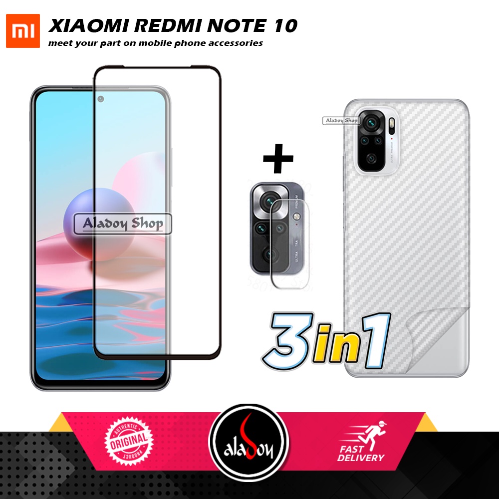 PAKET 3 IN 1 Tempered Glass Layar Xiaomi Redmi Note 10 2021 Free Tempered Glass Camera Free Skin Carbon