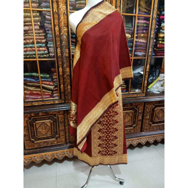 Songket Palembang Asli Motif Tetes Mider Sutera Gebeng Berlian ORI Warna Merah Maron