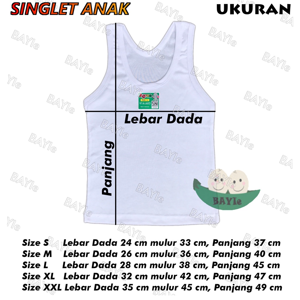 3 PCS Kaos Dalam / Singlet Anak Putih AGREE KIDS 100% Katun usia 0 - 12 tahun Size S, M, L, XL, XXL